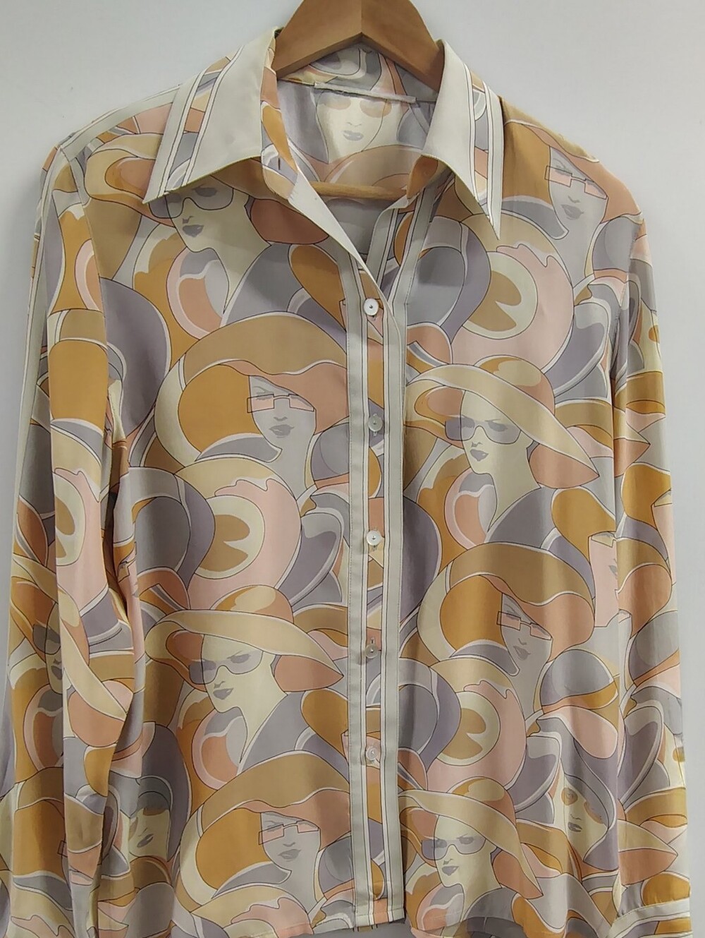 Vintage 90's High Fashion Chic Lady Print LS Button-up Neutral Silk Top L-XL EUC